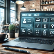 An AI generated image of a laptop with jobs listings at a coffee shop