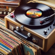 Image of a record player with records