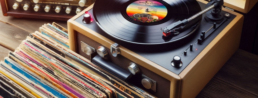 Image of a record player with records