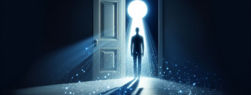 An AI generated image of a person standing in a doorway with a keyhole shadow