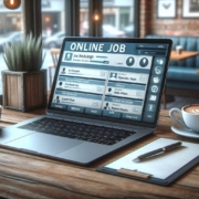 A computer-generated image of job listings on a laptop at a coffee shop